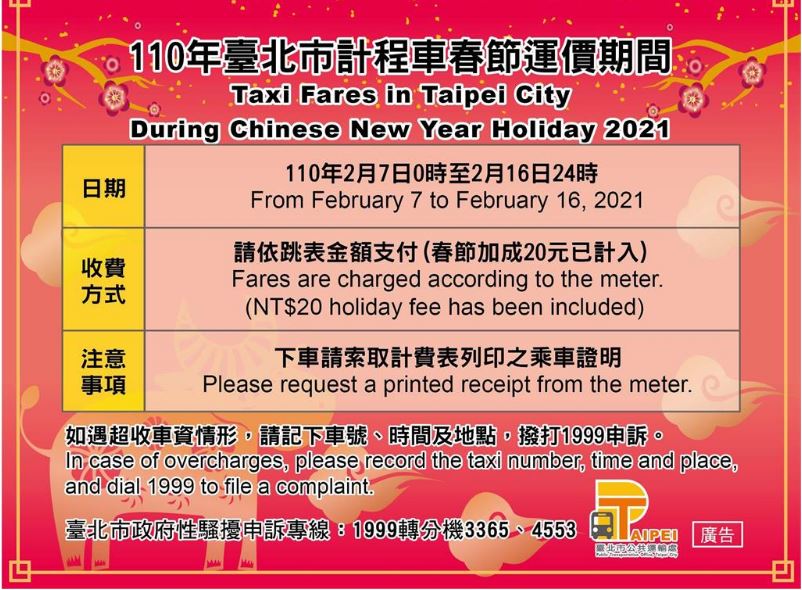110年各縣市計程車春節運價期間及收費 大都會計程車